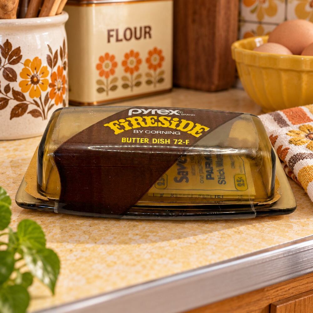 Corning Pyrex Fireside Amber Butter Dish Brown Glass Vintage New Sealed